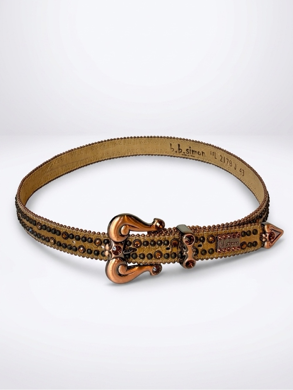 B.B. Simon Jeweled 1.25” Leather Belt Bronze-Tone Hardware, 30-35, EUC